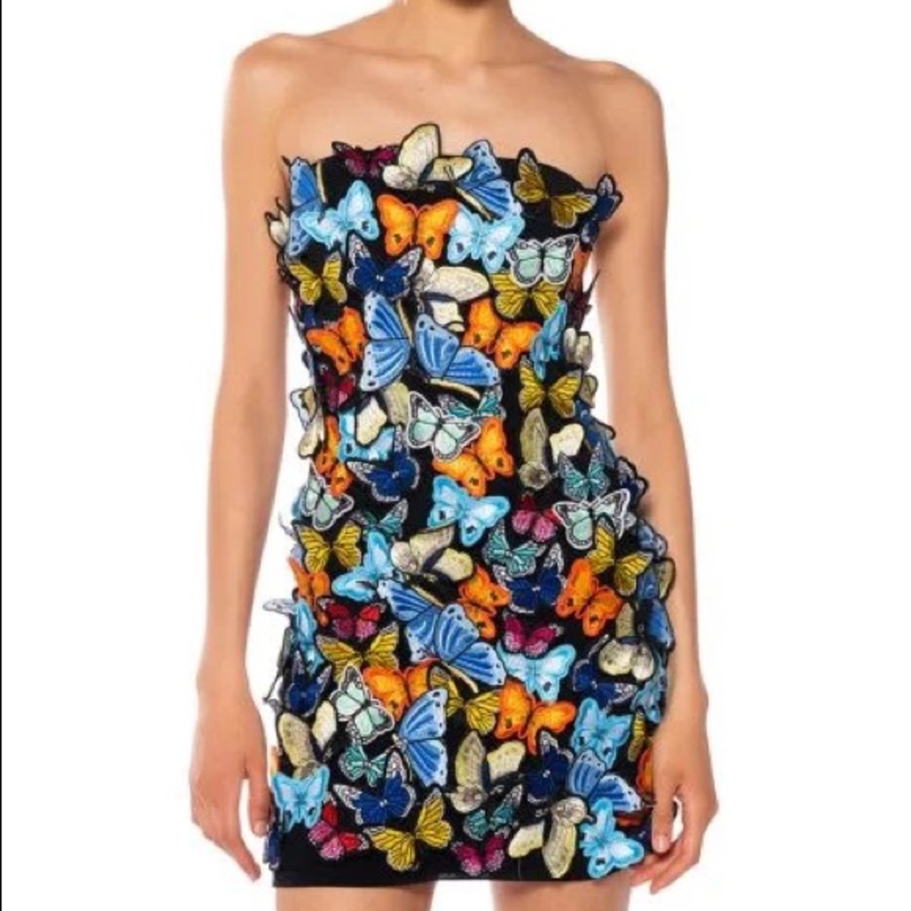 TAKE FLIGHT STRAPLESS BUTTERFLY PATCH MINI DRESS IN MULTI